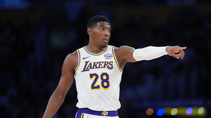 Mar 8, 2026; Los Angeles, California, USA; Los Angeles Lakers forward Rui Hachimura (28) reacts against the New York Knicks in the second half at Crypto.com Arena. Mandatory Credit: Kirby Lee-Imagn Images