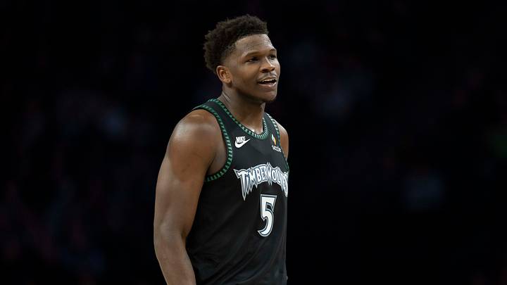 Feb 6, 2026; Minneapolis, Minnesota, USA; Minnesota Timberwolves guard Anthony Edwards (5) looks on against the New Orleans Pelicans in the second half at Target Center. Mandatory Credit: Jesse Johnson-Imagn Images