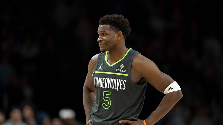Jan 11, 2026; Minneapolis, Minnesota, USA; Minnesota Timberwolves guard Anthony Edwards (5) looks on against the San Antonio Spurs in the second half at Target Center. Mandatory Credit: Jesse Johnson-Imagn Images