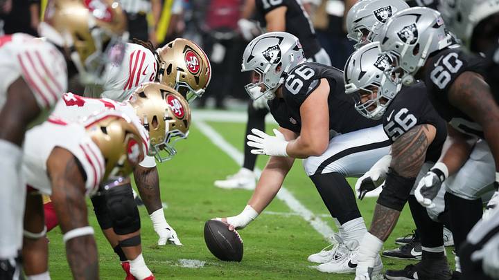 Aug 27, 2026; Paradise, Nevada, USA; Las Vegas Raiders center Trey Zuhn III (66) waits to snap the ball at the line of scrimmage against the San Francisco 49ers defense during the second quarter at Allegiant Stadium. Mandatory Credit: Kirby Lee-Imagn Images Aug 27, 2026; Paradise, Nevada, USA; Las Vegas Raiders center Trey Zuhn III (66) waits to snap the ball at the line of scrimmage against the San Francisco 49ers defense during the second quarter at Allegiant Stadium. Mandatory Credit: Kirby Lee-Imagn Images