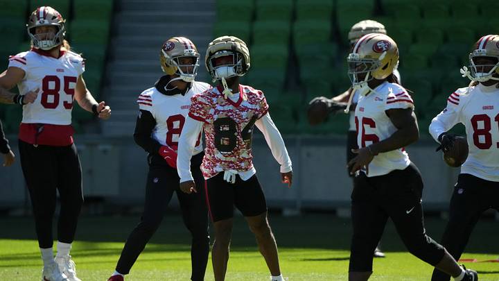 Sep 9, 2026; Melbourne, Victoria, Australia; San Francisco 49ers tight end George Kittle (85) and wide receiver Will Pauling (84) at practice at AAMI Park. Mandatory Credit: Kirby Lee-Imagn Images Sep 9, 2026; Melbourne, Victoria, Australia; San Francisco 49ers tight end George Kittle (85) and wide receiver Will Pauling (84) at practice at AAMI Park. Mandatory Credit: Kirby Lee-Imagn Images