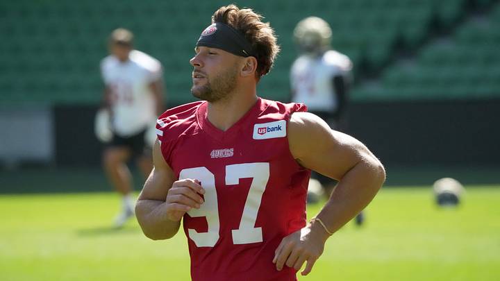 Sep 9, 2026; Melbourne, Victoria, Australia; San Francisco 49ers defensive end Nick Bosa (97) at practice at AAMI Park. Mandatory Credit: Kirby Lee-Imagn Images Sep 9, 2026; Melbourne, Victoria, Australia; San Francisco 49ers defensive end Nick Bosa (97) at practice at AAMI Park. Mandatory Credit: Kirby Lee-Imagn Images