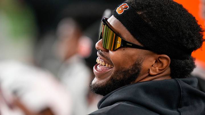 Cincinnati Bengals guard Orlando Brown Jr. laughs on the sideline in the fourth quarter of the NFL Preseason game between the Cincinnati Bengals and the Detroit Lions at Paycor Stadium in Cincinnati on Thursday, Aug. 13, 2026. The Bengals won the preseason opener, 16-14. Cincinnati Bengals guard Orlando Brown Jr. laughs on the sideline in the fourth quarter of the NFL Preseason game between the Cincinnati Bengals and the Detroit Lions at Paycor Stadium in Cincinnati on Thursday, Aug. 13, 2026. The Bengals won the preseason opener, 16-14.