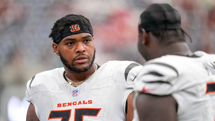 Cincinnati Bengals offensive tackle Orlando Brown Jr. (75) and offensive tackle Amarius Mims (71) talk on the sideline in the fourth quarter of the NFL Week 2 game between the Houston Texans and the Cincinnati Bengals at Reliant Stadium in Houston on Sunday, Sept. 20, 2026. The Bengals improved to 2-0 on the season with a 20-6 win on the road. Cincinnati Bengals offensive tackle Orlando Brown Jr. (75) and offensive tackle Amarius Mims (71) talk on the sideline in the fourth quarter of the NFL Week 2 game between the Houston Texans and the Cincinnati Bengals at Reliant Stadium in Houston on Sunday, Sept. 20, 2026. The Bengals improved to 2-0 on the season with a 20-6 win on the road.