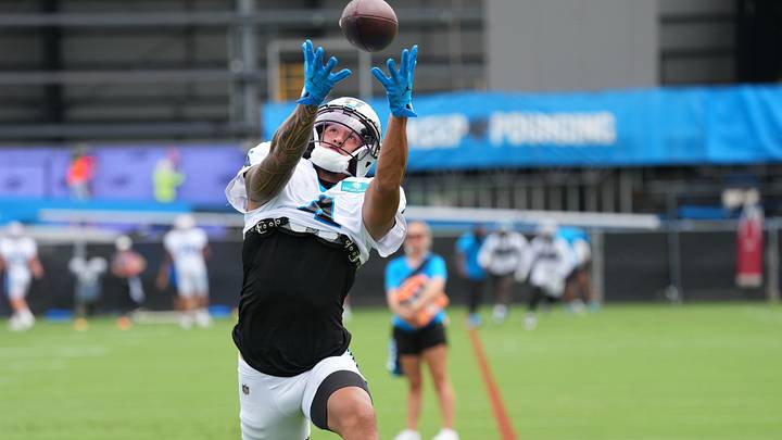 Carolina Panthers wide receiver Tetairoa McMillan (4) makes a catch during training camp Carolina Panthers wide receiver Tetairoa McMillan (4) makes a catch during training camp