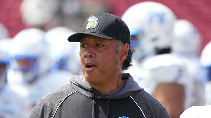 Aug 29, 2026; Los Angeles, California, USA; San Jose State head coach Ken Niumatalolo looks on during warm ups before the game against Southern California at United Airlines Field at Los Angeles Memorial Coliseum. Mandatory Credit: Kirby Lee-Imagn Images Aug 29, 2026; Los Angeles, California, USA; San Jose State head coach Ken Niumatalolo looks on during warm ups before the game against Southern California at United Airlines Field at Los Angeles Memorial Coliseum. Mandatory Credit: Kirby Lee-Imagn Images