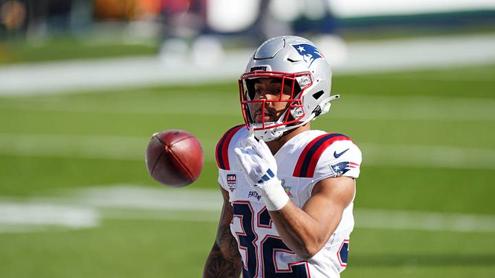 Feb 8, 2026; Santa Clara, CA, USA; New England Patriots running back Treveyon Henderson (32) warms up before the game against the Seattle Seahawks in Super Bowl LX at Levi's Stadium. Mandatory Credit: Darren Yamashita-Imagn Images