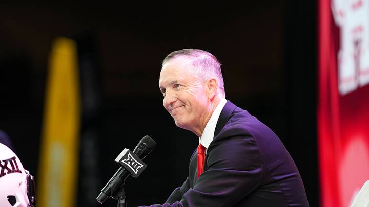 Jul 7, 2026; Frisco, TX, USA;  Houston head coach Willie Fritz speaks to reporters during Big 12 Conference Football Media Days at The Star. Mandatory Credit: Raymond Carlin III-Imagn Images