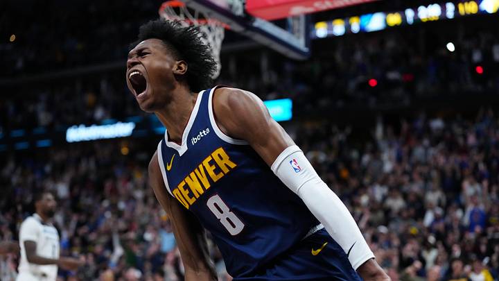 Apr 10, 2024; Denver, Colorado, USA; Denver Nuggets forward Peyton Watson (8) reacts after his dunk in the fourth quarter against the Minnesota Timberwolves at Ball Arena. Mandatory Credit: Ron Chenoy-USA TODAY Sports Apr 10, 2024; Denver, Colorado, USA; Denver Nuggets forward Peyton Watson (8) reacts after his dunk in the fourth quarter against the Minnesota Timberwolves at Ball Arena. Mandatory Credit: Ron Chenoy-USA TODAY Sports