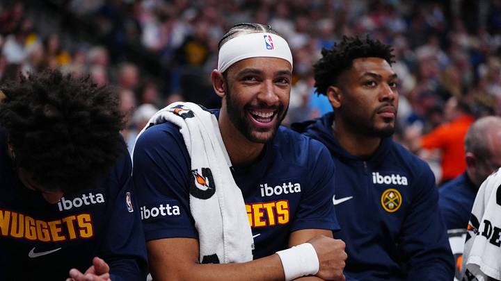 Mar 22, 2026; Denver, Colorado, USA; Denver Nuggets forward Zeke Nnaji (22) reacts from the bench in the second quarter against the Portland Trail Blazers at Ball Arena. Mandatory Credit: Ron Chenoy-Imagn Images