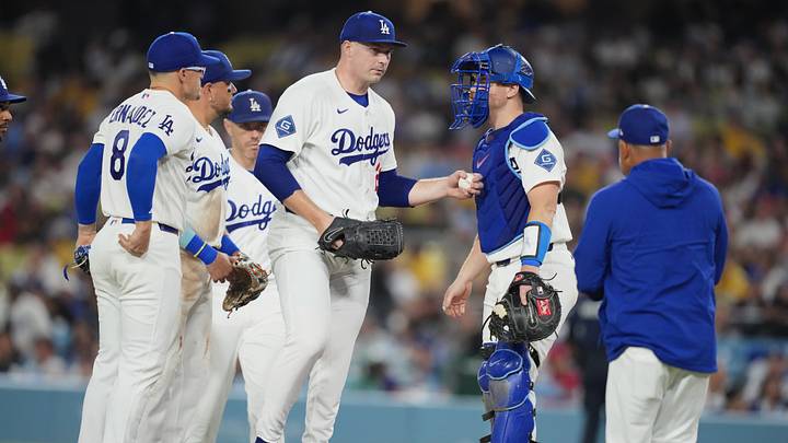 Sep 3, 2026; Los Angeles, California, USA; Los Angeles Dodgers starting pitcher Tarik Skubal (29) extends the ball toward manager Dave Roberts (30) for a pitching change against the St. Louis Cardinals during the sixth inning at Dodger Stadium. Mandatory Credit: Kirby Lee-Imagn Images Sep 3, 2026; Los Angeles, California, USA; Los Angeles Dodgers starting pitcher Tarik Skubal (29) extends the ball toward manager Dave Roberts (30) for a pitching change against the St. Louis Cardinals during the sixth inning at Dodger Stadium. Mandatory Credit: Kirby Lee-Imagn Images