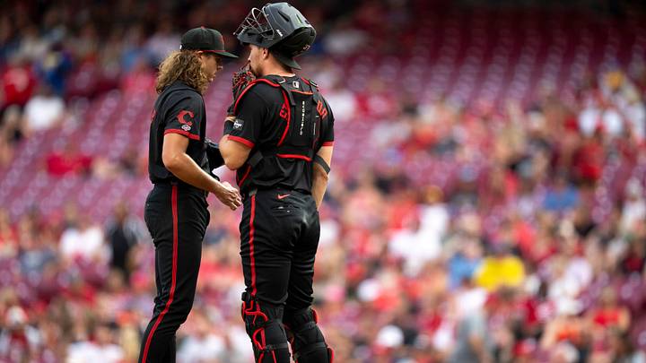 Cincinnati Reds catcher Tyler Stephenson (37) speaks with Cincinnati Reds starting pitcher Rhett Lowder (81) at the mound in the first inning of the MLB game at Great American Ball Park in Cincinnati on Friday, Aug. 30, 2024. Cincinnati Reds catcher Tyler Stephenson (37) speaks with Cincinnati Reds starting pitcher Rhett Lowder (81) at the mound in the first inning of the MLB game at Great American Ball Park in Cincinnati on Friday, Aug. 30, 2024.