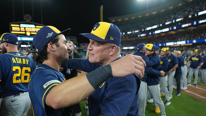 Oct 15, 2026; Los Angeles, California, USA;Milwaukee Brewers manager Pat Murphy (left) and right fielder Sal Frelick (10) embrace after game four of the NLCS for the 2026 MLB Playoffs against the Los Angeles Dodgers at Uniqlo Field at Dodger Stadium. Mandatory Credit: Kirby Lee-Imagn Images Oct 15, 2026; Los Angeles, California, USA;Milwaukee Brewers manager Pat Murphy (left) and right fielder Sal Frelick (10) embrace after game four of the NLCS for the 2026 MLB Playoffs against the Los Angeles Dodgers at Uniqlo Field at Dodger Stadium. Mandatory Credit: Kirby Lee-Imagn Images