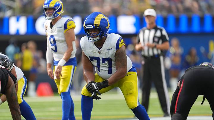 Sep 7, 2025; Inglewood, California, USA; Los Angeles Rams offensive tackle Alaric Jackson (77) wears a Guardian helmet cap in the second half against the Houston Texans at SoFi Stadium. Mandatory Credit: Kirby Lee-Imagn Images Sep 7, 2025; Inglewood, California, USA; Los Angeles Rams offensive tackle Alaric Jackson (77) wears a Guardian helmet cap in the second half against the Houston Texans at SoFi Stadium. Mandatory Credit: Kirby Lee-Imagn Images