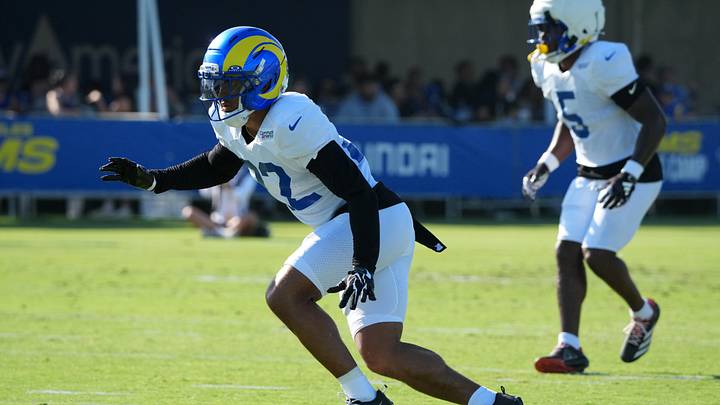 Jul 31, 2026; Westchester California USA; Los Angeles Rams cornerback Trent McDuffie (22) at training camp at Loyola Marymount University. Mandatory Credit: Kirby Lee-Imagn Images Jul 31, 2026; Westchester California USA; Los Angeles Rams cornerback Trent McDuffie (22) at training camp at Loyola Marymount University. Mandatory Credit: Kirby Lee-Imagn Images