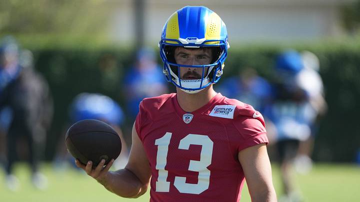 Jul 27, 2026; Westchester, CA, USA; Los Angeles Rams quarterback Stetson Bennett IV (13) during training camp at Loyola Marymount University. Mandatory Credit: Kirby Lee-Imagn Images Jul 27, 2026; Westchester, CA, USA; Los Angeles Rams quarterback Stetson Bennett IV (13) during training camp at Loyola Marymount University. Mandatory Credit: Kirby Lee-Imagn Images