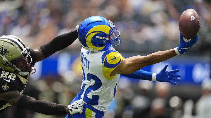 Aug 22, 2026; Inglewood, California, USA; Los Angeles Rams wide receiver Tyler Scott (82) attempts to catch the ball against New Orleans Saints cornerback Martin Emerson Jr. (22) in the first half at SoFi Stadium. Mandatory Credit: Kirby Lee-Imagn Images Aug 22, 2026; Inglewood, California, USA; Los Angeles Rams wide receiver Tyler Scott (82) attempts to catch the ball against New Orleans Saints cornerback Martin Emerson Jr. (22) in the first half at SoFi Stadium. Mandatory Credit: Kirby Lee-Imagn Images