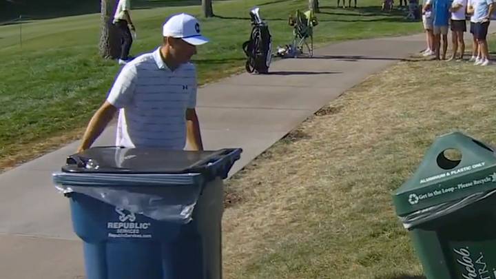 Jordan Spieth made an incredible birdie after finding his ball under a trash can. Jordan Spieth made an incredible birdie after finding his ball under a trash can.