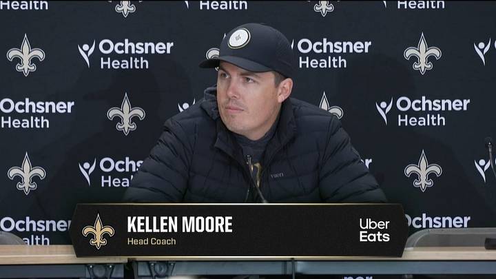 Saints coach Kellen Moore speaks to the media on Friday in Paris Saints coach Kellen Moore speaks to the media on Friday in Paris