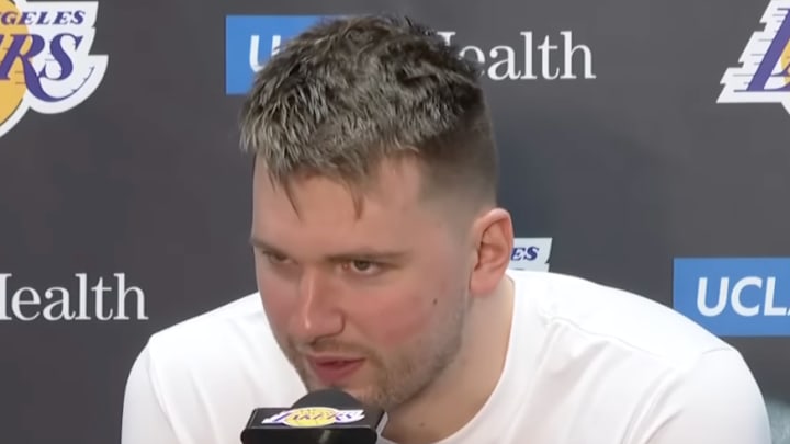 Doncic speaking to reporters. 