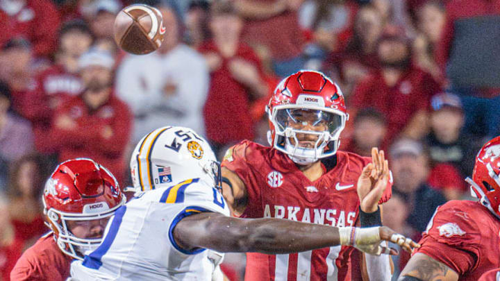 Arkansas Razorbacks quarterback Taylen Green throws a pass against the LSU Tigers at Razorback Stadium in Fayetteville, Ark. Arkansas Razorbacks quarterback Taylen Green throws a pass against the LSU Tigers at Razorback Stadium in Fayetteville, Ark.