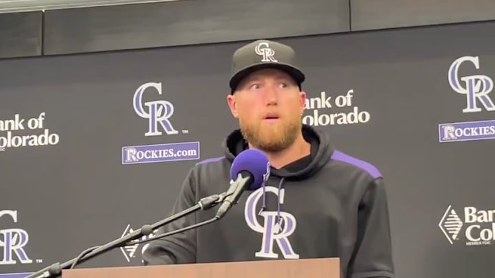 Colorado Rockies SP Kyle Freeland speaks with reporters.
