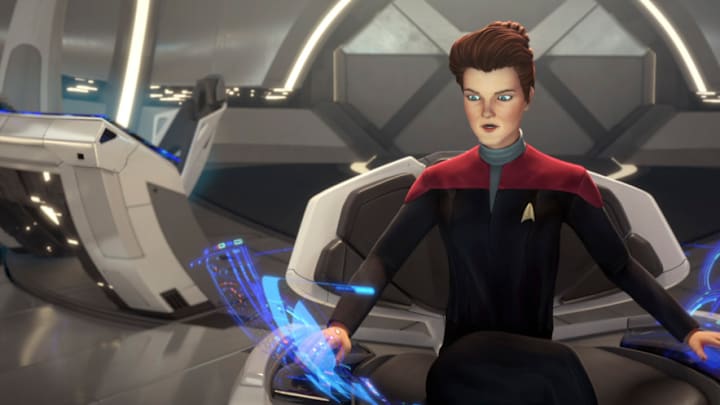 “Terror Firma” --EP#105 -- Kate Mulgrew as Janeway in Star Trek: Prodigy streaming on PARAMOUNT+. Photo: Nickelodeon/Paramount+ ©2021 VIACOM INTERNATIONAL. All Rights Reserved.