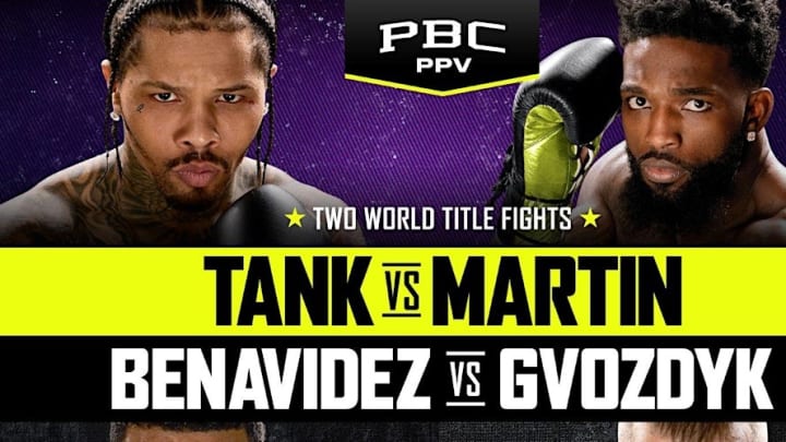 A promotional graphic for the WBA lightweight title fight between Gervonta "Tank" Davis and Frank Martin.