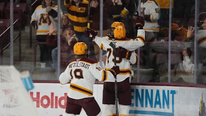 Minnesota celebrating a goal against Boston College on Friday night.