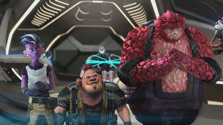 “Starstruck” Ep#103 -- Brett Gray as Dal, Jason Mantzoukas as Jankom Pog, Ella Purnell as Gwyn, Rylee Alazraqui as Rok-Tahk and Angus Imrie as Zero of the Paramount+ series Star Trek: Prodigy . Photo: Nickelodeon/Paramount+ ©2021 VIACOM INTERNATIONAL. All Rights Reserved.