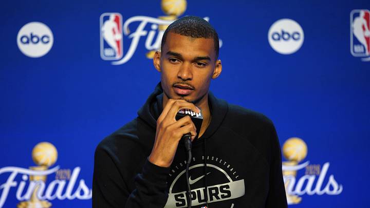 Jun 2, 2026; San Antonio, TX, USA; San Antonio Spurs forward Victor Wembanyama (1) talks to press during media day at Frost Bank Center. Mandatory Credit: Dustin Safranek-Imagn Images