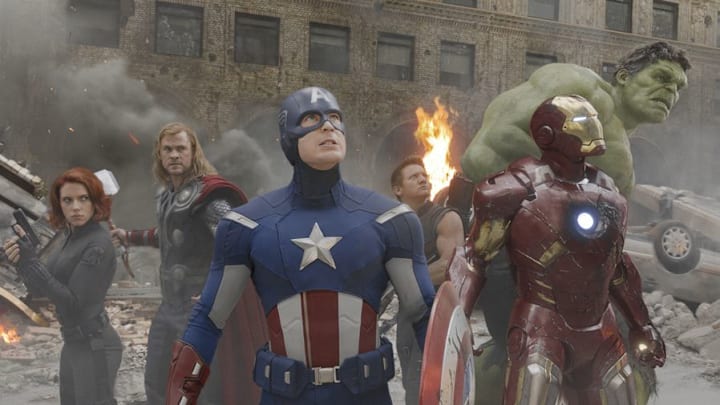 Scarlett Johansson, Chris Hemsworth, Chris Evans, Jeremy Renner, Mark Ruffalo, and Robert Downey Jr. in The Avengers (2012) ©Marvel 2012 Scarlett Johansson, Chris Hemsworth, Chris Evans, Jeremy Renner, Mark Ruffalo, and Robert Downey Jr. in The Avengers (2012) ©Marvel 2012
