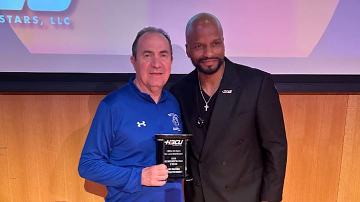 Apr. 3, 2025; San Antonio, TX; Fayetteville State men's head basketball coach Luke D'Alessio presented with the HBC COY Award.