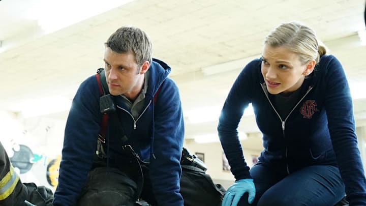 CHICAGO FIRE -- "Headlong Toward Disaster" Episode 315 -- Pictured: (l-r) Jesse Spencer as Matthew Casey, Kara Kilmer as Sylvie Brett -- (Photo by: Elizabeth Morris/NBC)