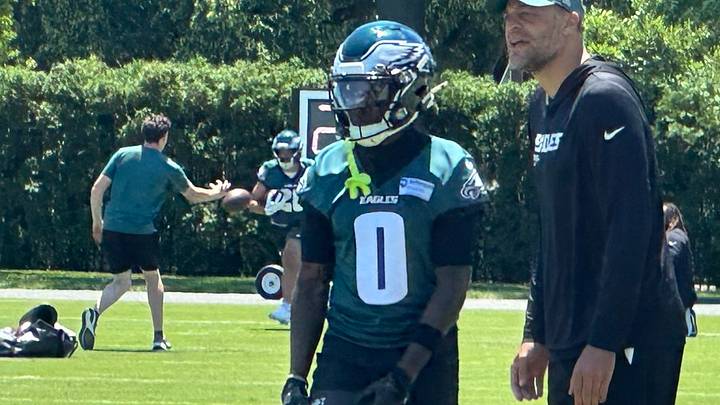 Hollywood Brown takes instruction from Eagles WR coach Aaron Moorehead this spring. Hollywood Brown takes instruction from Eagles WR coach Aaron Moorehead this spring.