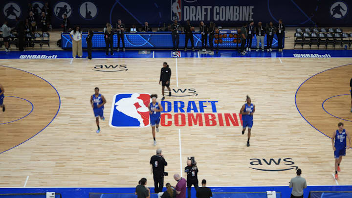 May 11, 2026; Chicago, IL, USA; Players participate in the 2026 NBA Draft Combine at Wintrust Arena. Mandatory Credit: David Banks-Imagn Images