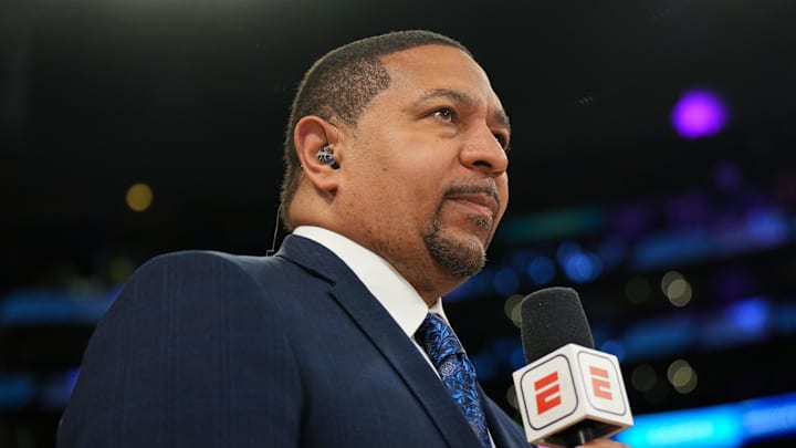 ESPN analyst Mark Jackson during game four of the Western Conference Finals for the NBA playoffs. Mandatory Credit: Kirby Lee-Imagn Images