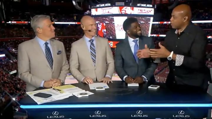Steve Levy, Mark Messier, P.K. Subban and Charles Barkley on ESPN's NHL Stanley Cup Final broadcast. 