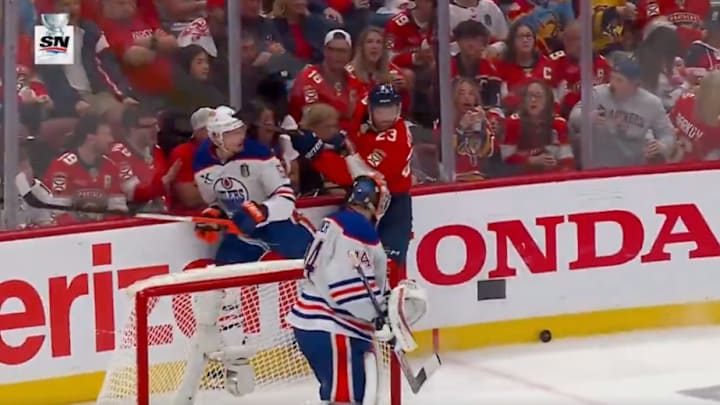 Florida Panthers winger Carter Verhaeghe hits Edmonton Oilers defenseman Troy Stetcher in Game 4 of the Stanley Cup Final. Florida Panthers winger Carter Verhaeghe hits Edmonton Oilers defenseman Troy Stetcher in Game 4 of the Stanley Cup Final.