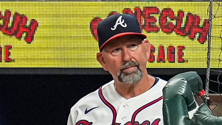 Jul 1, 2026; Cumberland, Georgia, USA; Atlanta Braves manager Walt Weiss (22) shown in the dugout against the St. Louis Cardinals during the eighth inning at Truist Park. Mandatory Credit: Dale Zanine-Imagn Images