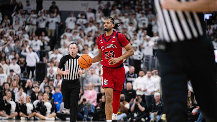 Feb 14, 2026; Providence, Rhode Island, USA; St. John’s basketball forward/guard Bryce Hopkins (23) dribbles during the second half of the game against the Providence College Friars at Amica Mutual Pavilion. Feb 14, 2026; Providence, Rhode Island, USA; St. John’s basketball forward/guard Bryce Hopkins (23) dribbles during the second half of the game against the Providence College Friars at Amica Mutual Pavilion.