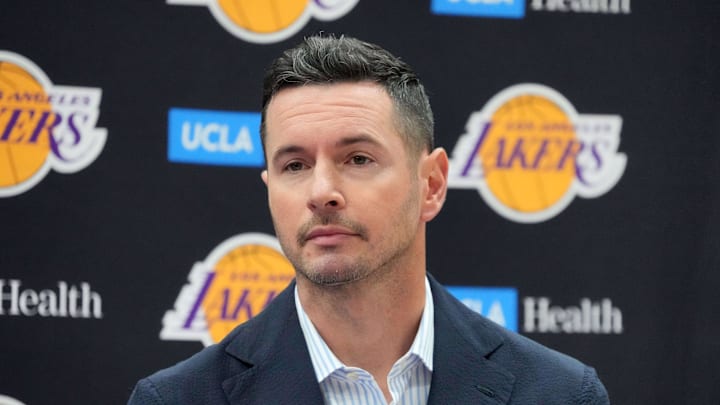 Jul 2, 2024; El Segundo, CA, USA; Los Angeles Lakers coach JJ Redick at a press conference at the UCLA Health Training Center. Mandatory Credit: Kirby Lee-USA TODAY Sports