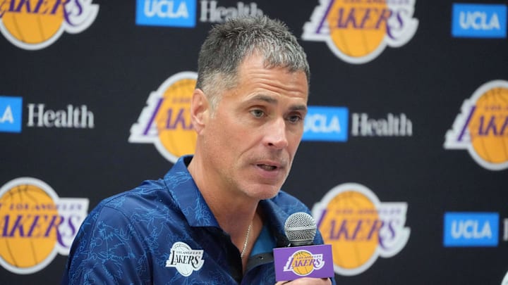 Jul 2, 2024; El Segundo, CA, USA; Los Angeles Lakers vice president of basketball operations and general manager Rob Pelinka at a press conference at the UCLA Health Training Center. Mandatory Credit: Kirby Lee-Imagn Images