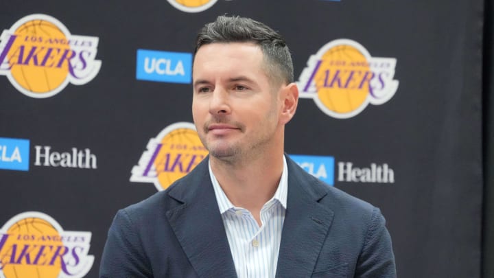 Jul 2, 2024; El Segundo, CA, USA; Los Angeles Lakers coach JJ Redick at a press conference at the UCLA Health Training Center. Mandatory Credit: Kirby Lee-USA TODAY Sports Jul 2, 2024; El Segundo, CA, USA; Los Angeles Lakers coach JJ Redick at a press conference at the UCLA Health Training Center. Mandatory Credit: Kirby Lee-USA TODAY Sports