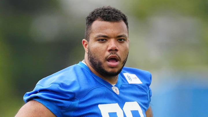 May 23, 2023, Thousand Oaks, CA, USA; Los Angeles Rams tackle Joe Noteboom (70) during organized team activities at Cal Lutheran. Mandatory Credit: Kirby Lee-Imagn Images