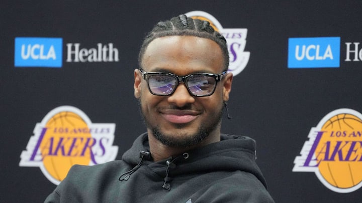 Jul 2, 2024; El Segundo, CA, USA; Los Angeles Lakers second round draft pick Bronny James at a press conference at the UCLA Health Training Center. Mandatory Credit: Kirby Lee-USA TODAY Sports