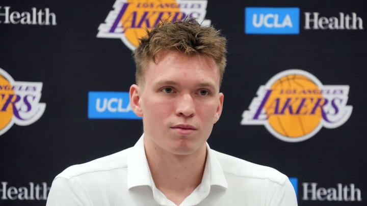 Jul 2, 2024; El Segundo, CA, USA; Los Angeles Lakers second round draft pick Dalton Knecht at a press conference at the UCLA Health Training Center. Mandatory Credit: Kirby Lee-USA TODAY Sports Jul 2, 2024; El Segundo, CA, USA; Los Angeles Lakers second round draft pick Dalton Knecht at a press conference at the UCLA Health Training Center. Mandatory Credit: Kirby Lee-USA TODAY Sports