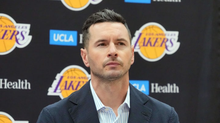 Jul 2, 2024; El Segundo, CA, USA; Los Angeles Lakers coach JJ Redick at a press conference at the UCLA Health Training Center. Mandatory Credit: Kirby Lee-USA TODAY Sports Jul 2, 2024; El Segundo, CA, USA; Los Angeles Lakers coach JJ Redick at a press conference at the UCLA Health Training Center. Mandatory Credit: Kirby Lee-USA TODAY Sports