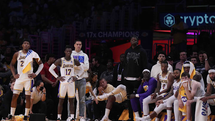 May 20, 2023; Los Angeles, California, USA; Los Angeles Lakers forward Rui Hachimura (28), guard Dennis Schroder (17), guard Lonnie Walker IV (4), guard Austin Reaves (15) and forward Anthony Davis (3) watch from the bench in the fourth quarter against the Denver Nuggets during game three of the Western Conference Finals for the 2023 NBA playoffs at Crypto.com Arena. Mandatory Credit: Kirby Lee-Imagn Images May 20, 2023; Los Angeles, California, USA; Los Angeles Lakers forward Rui Hachimura (28), guard Dennis Schroder (17), guard Lonnie Walker IV (4), guard Austin Reaves (15) and forward Anthony Davis (3) watch from the bench in the fourth quarter against the Denver Nuggets during game three of the Western Conference Finals for the 2023 NBA playoffs at Crypto.com Arena. Mandatory Credit: Kirby Lee-Imagn Images