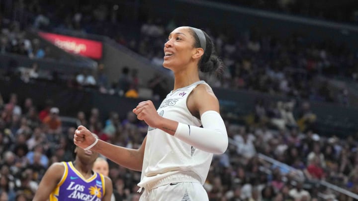 Jul 5, 2024; Los Angeles, California, USA; Las Vegas Aces center A'ja Wilson (22) reacts against the LA Sparks in the second half at Crypto.com Arena. Mandatory Credit: Kirby Lee-USA TODAY Sports